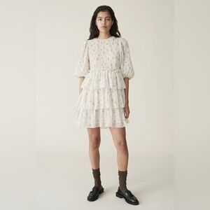 GANNI Ivory Charcoal Floral Pleated Mini Dress Georgette NWT Small 36